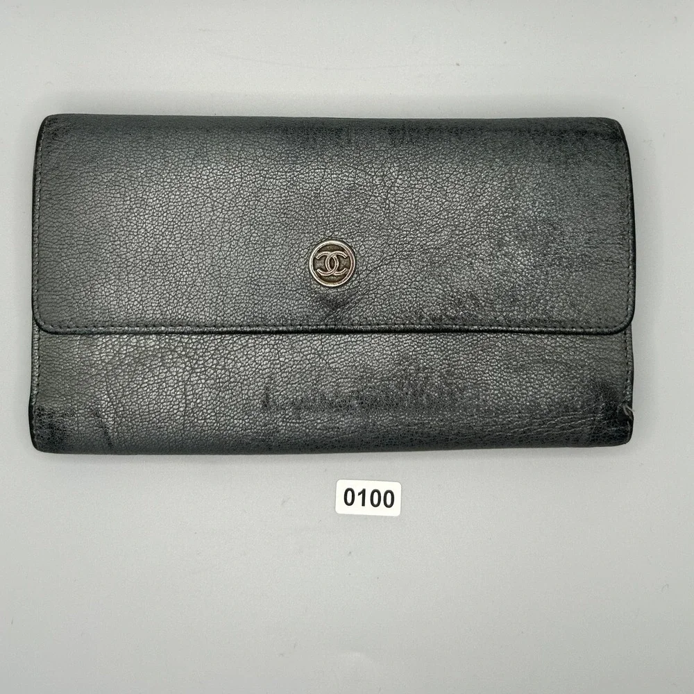 Chanel metallic grey Leather Wallet CC Logo COA card Included#100‎